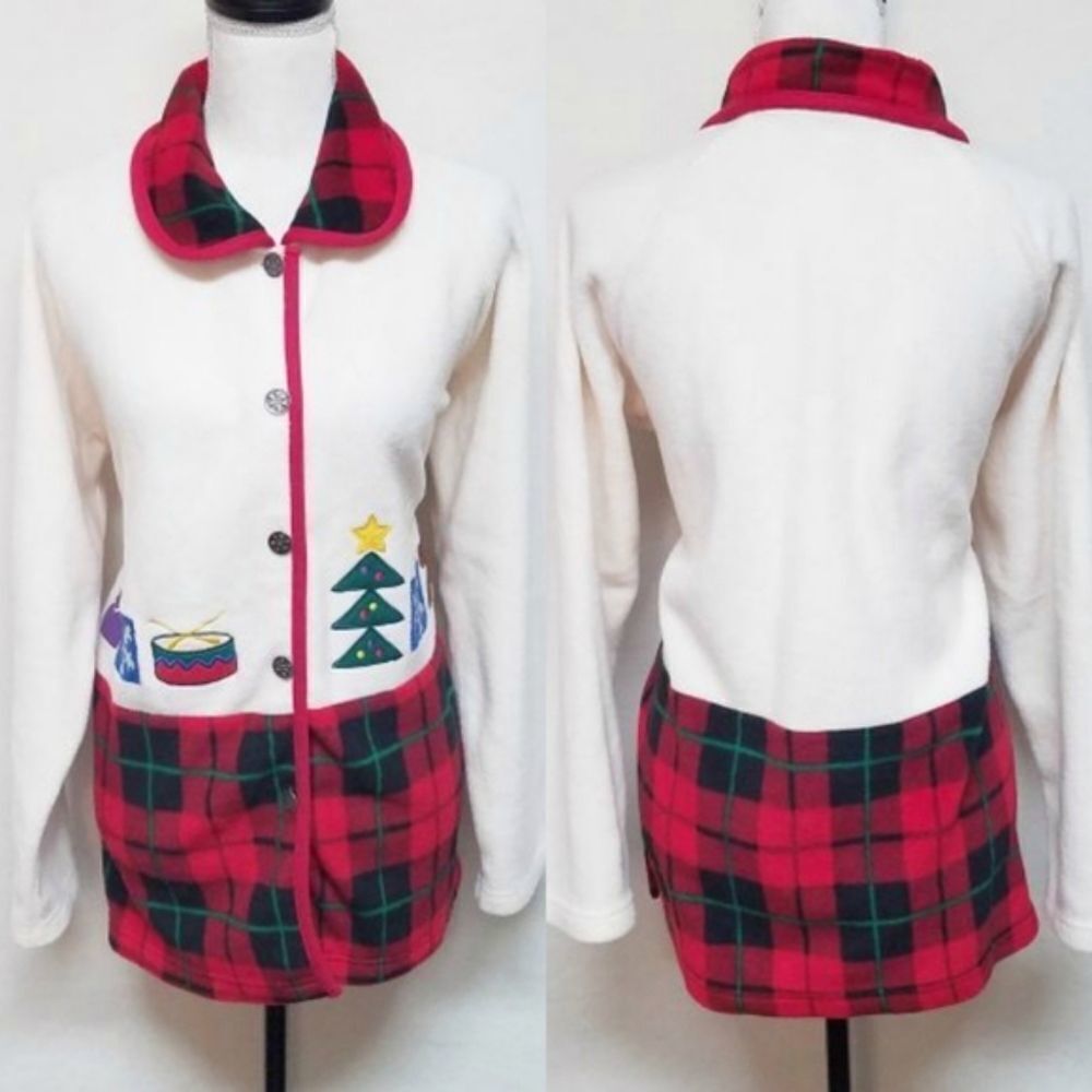 VINTAGE 90s Renee M Tartan Plaid Fleece Snowflake Button Up Christmas Sweater